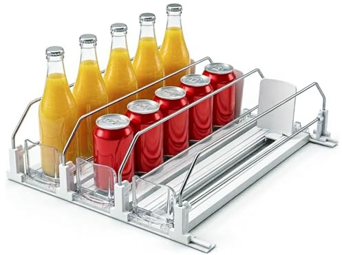 Automático Dispensador Latas Nevera, Organizador de Bebidas, Organizador Nevera, 31 * 25CM, 3 Filas, Incluye 1 Brocha, Ancho Ajustable, Dispensador de Bebidas para Supermercado de Cocina