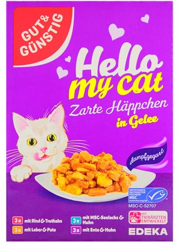 Edeka Gut & Günstig Hello My Cat Zarte Häppchen in Geele 4 Sorten Katzenfutter, 8er Pack (8 x 1.2 kg)