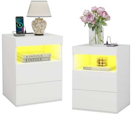 Bedside Table Set of 2, Modern Nightstand with Charging Station & LED Light | Small Bedside Cabinet with Pull-Out Tray and 2 Drawers for Bedroom, Chest of Drawers for Living Room, White