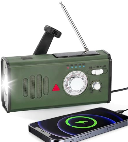 Notfallradio mit Kurbel, 4000mAh Powerbank Batterieradio, AM/FM/WB Weltempfaenger Kurbelradio mit Handyladefunktion, SOS-Alarm und LED-Taschenlampe, Notfallpaket Stromausfall Fuer Camping