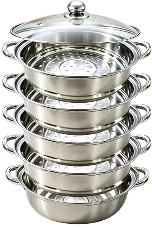 Chingcoo Steamery Dampfgarer & Dampftopf 28 cm – Edelstahl-Dampfgarer mit Einsatz, 3-5 Ebenen Kochgeschirr mit Deckel für Gemüse, Meeresfrüchte, Suppen, Eintöpfe & Pasta (Fünf-5)