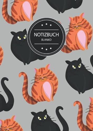 Notizbuch Blanko: Blanko Notizbuch A4 110 Seiten, Vintage Softcover, Weißes Papier - Dickes Notizheft, Skizzenbuch, Zeichenbuch, Blankobuch, Sketchbook; Motiv: Muster Katzen Katze Haustier Grau