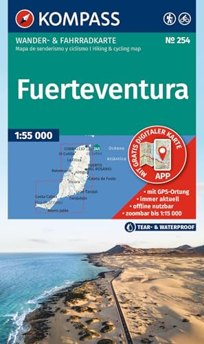KOMPASS Wanderkarte 254 Fuerteventura 1:55.000: Wander- und Fahrradkarte in einem - inklusive Offline-Verwendung in der KOMPASS-App. Wander-& Radwege, Surfspots