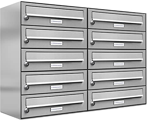 AL Briefkastensysteme 10er Briefkastenanlage Edelstahl, Premium Briefkasten DIN A4, 10 Fach Postkasten modern Aufputz