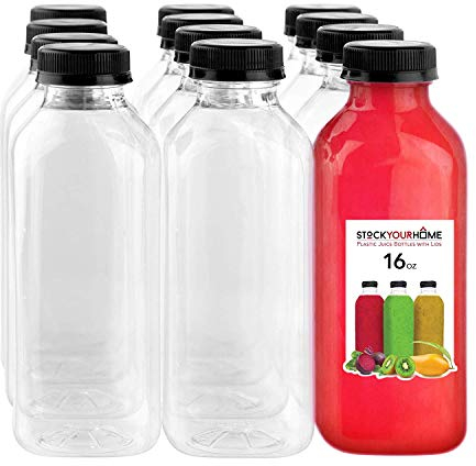 Clear Plastic Juice Bottles 16 Ounce Drink Containers 16 oz 12 Pack | Empty, Bulk, with Caps, for Juicing & Smoothies, Reusable, for Mini Fridge, Juicer Shots, Small