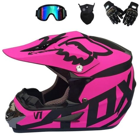 COUEO Casque de Moto, Noir et Rose/certifié Dot, Motocross Adulte, Casque avec Lunettes Gants Masque Femmes Hommes et Enfants Adultes (Size : Small)