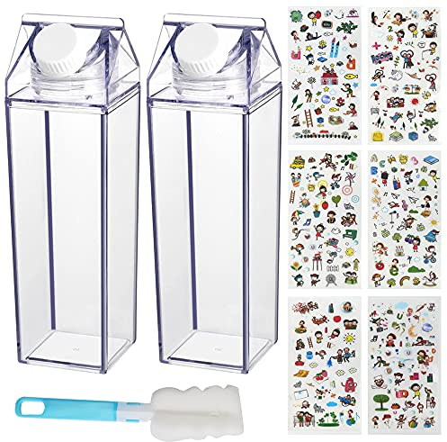 DOULEIN Transparente Milchbox Wasserflasche 2 Stück Kunststoff klare Milchkarton Wasserflasche 500ML Milchkarton mit DIY Dekoration Aufkleber, Wiederverwendbar