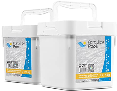 Paradies Pool Multi Tabs 200 g 10 kg, 4 in 1 Multi Tabletten mit Chlor, Algenschutz, Flockungsmittel, pH Stabilisator, zur Wasserbehandlung, Inhalt: 1 kg
