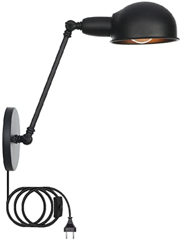 Schwarz Vintage Wandleuchte Mit Schalter, Verstellbare Wandlampe mit Stecker Schwenkbar Metall Lampenschirm Wand-Leselampe mit Kabel E27 Innen Industrialleuchte für Schlafzimmer Wohnzimmer Flur Büro