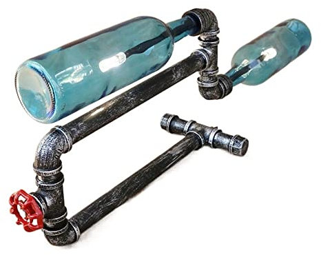 Abat-jour simple en forme de bouteille en verre bleu vintage, lampe de bureau Steampunk rétro pour conduite d'eau, lampe de table industrielle vintage G4 2 lumières, luminaire de bureau pour chev