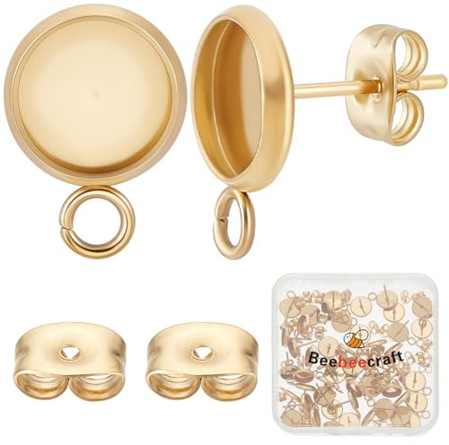Beebeecraft 1 Box Mit 50 Cabochon Fassungen Für Ohrstecker 304 Ohrstecker Rohlinge Aus Edelstahl Mit Schlaufe Zur Selbstgemachten Ohrringherstellung (Fach: 8mm).
