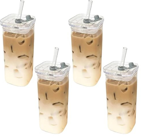 4Pcs Square Glass Water Bottles, 400ml 2x5in Drinking Cups with Lids & Straws for Coffee, Juice