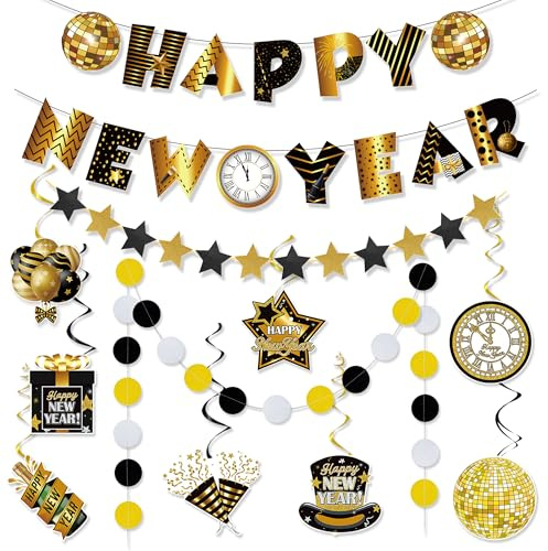 11 Stück Silvester Deko 2026, Schwarz Gold Happy New Year Deko Set, Happy New Year Banner Girlande Spirale Streamer für Home Neujahr Dekoration Silvesterdeko