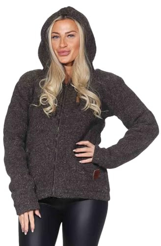 Kunst und Magie Klassische Damen Strickjacke Wolle Jacke mit Fleecefutter und Kapuze