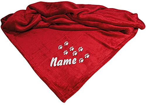Schecker Mikrofaserdecke Premium 1Stück 150 cm x 95 cm Pfotenspur mit Name Rot