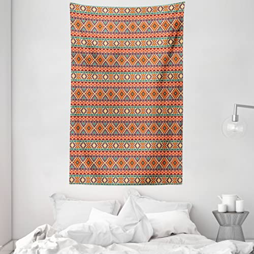ABAKUHAUS Aztekenmuster Wandteppich und Tagesdecke, Peru Folk Pastellmotive aus Weiches Mikrofaser Stoff Waschbar ohne Verblassen Digitaldruck, 140 x 230 cm, Orange Rot