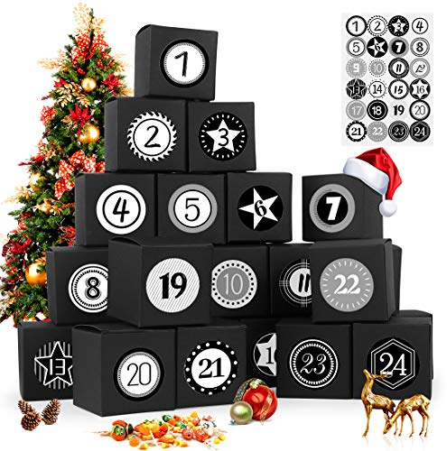 Adventskalender zum Befüllen, 24 Adventskalender Geschenkbox, mit Zahlenaufklebern, für Weihnachtlichen 2024 zum Basteln und Befüllen, Weihnachts-Geschenkschachtel zum DIY, Schwarz