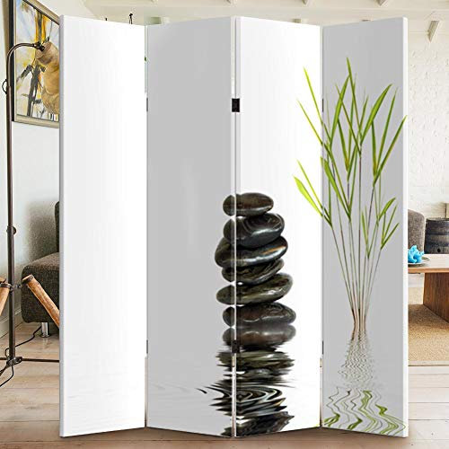 BAKAJI Paravento Separè 4 Pannelli Struttura in Legno Rivestimento in Tela con Stampa Fronte Retro Pietre e bambù Divisorio Richiudibile Pieghevole Design Moderno Dimensione 180 x 160 cm