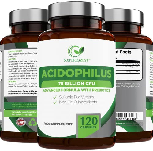 NATURES ZEST - High Strength Acidophilus Probiotics and Prebiotics -75 Billion CFU - 4 Months Supply -120 Capsules with lactobacillus acidophilus, Friendly Bacteria, Vegan & Gluten Free, UK Made