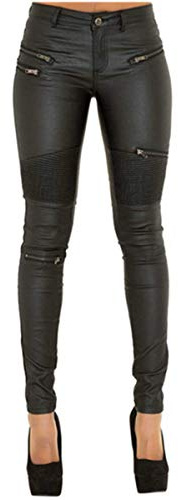 Andiwa Damen Faux Leder Hose Mit Biker Reißverschluss Steppstich Po Push Up Stretch Skinny PU Leggings Petite/Regular/Tall