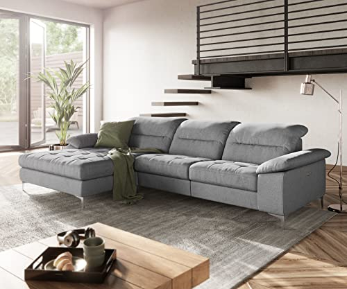 DELIFE Eckcouch Pacita Flachgewebe Silbergrau 310x180 cm Longchair li. elektr. Relaxfunktion