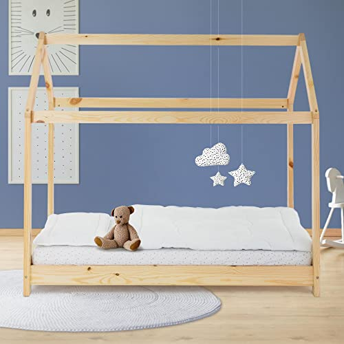 ML-Design Lit Cabane Enfant 80x160 cm avec Toit et Sommier à Lattes, Naturel en Bois Massif, Couchage au Sol Maisonnette pour Fille Garçon Adolescent Chambre à Coucher, Structure Style Maison