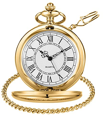 Tiong Vintage Gold Pocket Watch with Chain Smooth Steel Quartz Roman Numeral Men Quartz Pocket Watches