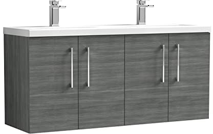 nuie ARN523F Arno Modern Bathroom Wall Hung 4 Door Double Vanity Unit with Twin Ceramic Basin, 1200mm, Woodgrain Anthracite