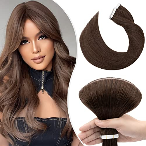 Elailite Echthaar Extensions Tape Braun, 20 stück Mini Tape Invisible Kleber, 45cm Haarverlängerung Real Human Hair 50g #04 Schokobraun