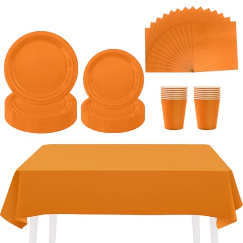 ZOOMPIL 97 Piezas Naranja Vajilla Fiesta Cumpleaños, Tema de Color Sólido | 24 Invitados, Respetuosos con el Medio Ambiente y Duraderos, Platos de Papel Taza, Manteles Reutilizables, Decoracion de Mesa