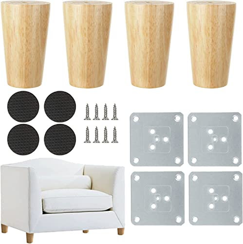 GOYADA Lot de 4 Pieds de Meuble en Bois de 10 CM, Pieds de Canapé Massif de Rechange avec Plaques de Montage et Vis pour Canapé, Armoire, Chaise, Lit, Meuble TV