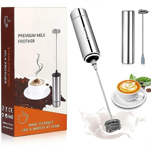 Milk Frother, Battery Powered Milk Frother Electric with Single&Triple Spring Whisk Heads and One Storage Tube, Handheld Coffee Frother Drink Mixer for Latte, Cappuccino, Hot Chocolate