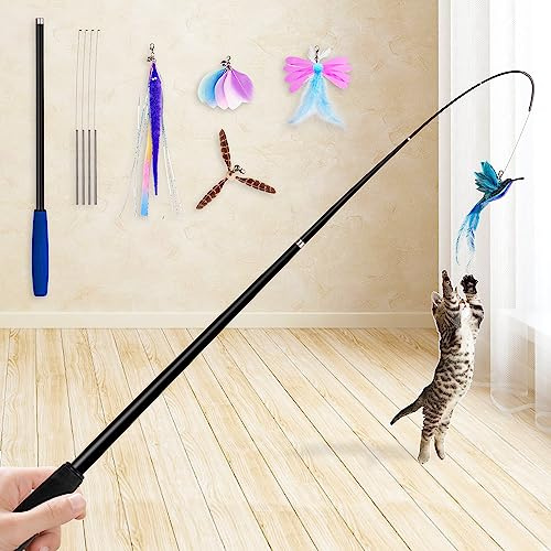 JXFUKAL Cat Toys- 2 in 1 Spring Cat Wand Toy with 2PCS Ultra-Long Cat Teaser, 4PCS Spring Steel Wire & 5PCS Feather Refills for Kitty Kitten Indoor Cats Accessories