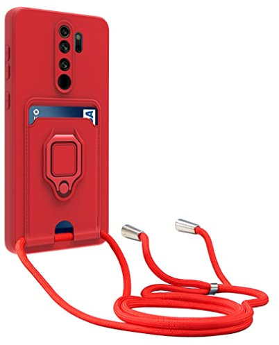 Dllatui Funda Compatible con Xiaomi Redmi Note 8 Pro,Cuello Cordón Carcasa Silicona Suave,Ranura con Tarjetas,Carcasa Cubierta Anillo Soporte (Rojo)