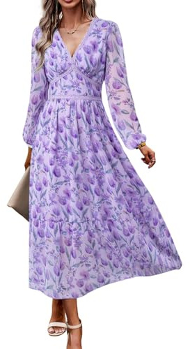 ChooTeeYeen Maxi Abito da Donna con Scollo a V, a Maniche Lunghe, per Matrimoni, Feste, Casual, in Chiffon, Fiori Viola., L
