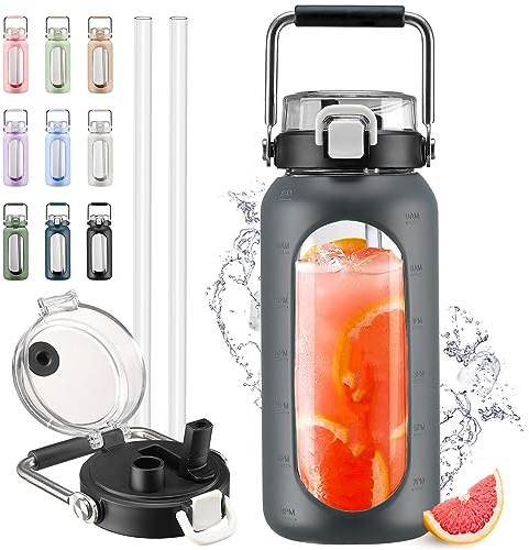 HYDRAGLAZIC 2L Verre Gourde avec paille et marqueur de temps Motivationnel Bouteille avec manchon en silicone Large bouche Borosilicate Cruche d'eau Sans BPA Anti-fuite, Gris
