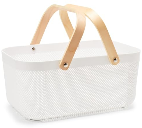EZOWare Kunststoff-Netzkörbe mit Holzgriff für Badezimmer, Speisekammer, Garten, Picknick, Dekoration – 40 x 21 x 18 cm