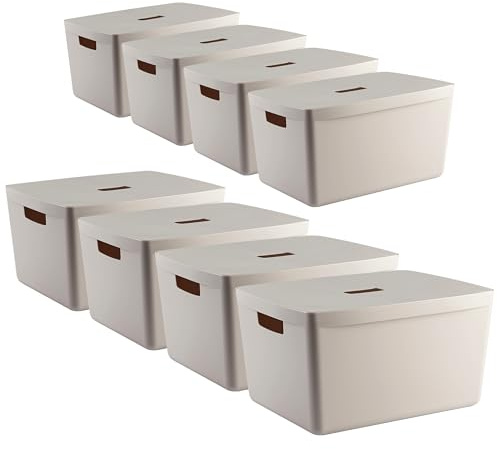 IDEA HOME FLEXISTORE 8 Stück Aufbewahrungsbox Kunststoff Organizer Box Körbe Aufbewahrung Kunststoffbox für Badezimmer Regal mit Deckel 28L0cm, Natürliche Farbe