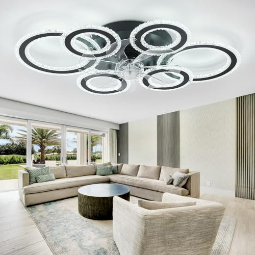 TuoyuanW Cristales Ventilador De Techo Con Luz Redondo Reversible Salón Lampara Ventilador Techo Con Mando A Distancia Y APP 6 Velocidades Timer Ceiling Fan with Light Regulable Memoria-Black
