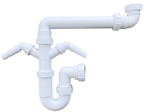 Multi-Fit Single Bowl Sink Waste Kit Space Saving - 1.1/2 40mm Single Bowl P Trap Kit with Twin Washing Machine Waste Splitters, Sink Waste Kit BS EN 247-1:2002 75mm Water Seal