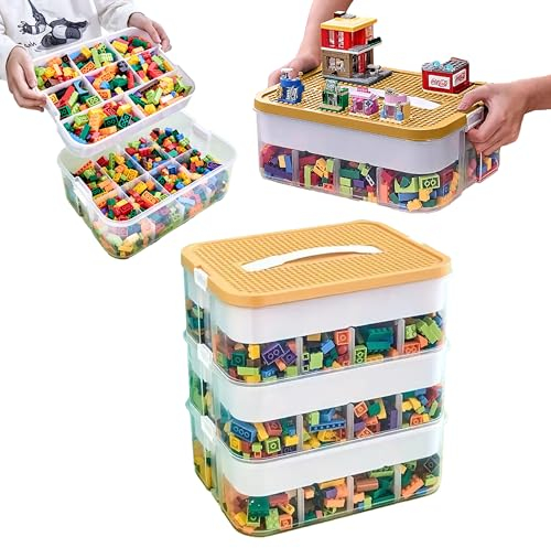 Hyperqua Plastic Storage Box with Lid for Lego, Drawer Organiser Suitable for Kids, Stackable Storage Boxes for Toy Box, Adjustable Compartments, Building Blocks with Handle (Yellow, 3-Tier)