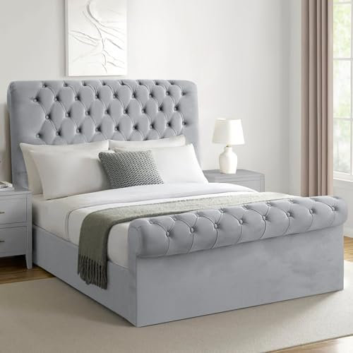 Blisswood Upholstered Gas Lift Up Bed Frame With Storage, Ottoman Storage Bed, Velvet Double Bed Frame, Ottoman Bed With Wooden Slats, (4ft6 Grey Double 135 x 190, No Mattress)