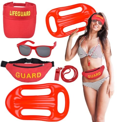 xinrongda 5 Stück Baywatch Kostüm, Lifeguard Kostüm, Rettungsschwimmer Zubehör Kit, Hut, Gürteltasche, Sonnenbrille, Schwimmboje, Baywatch Kostüm, Fancy Dress Kostüm für Frauen Männer Party