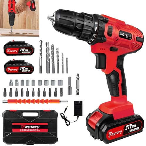 Qimu 21V Akku Bohrschrauber Set, 25+1 Drehmomentstufen, 45Nm Drehmoment, 2-Gang, LED-Licht, Bohrmaschine mit 26tlg Zubehör für DIY-Projekte