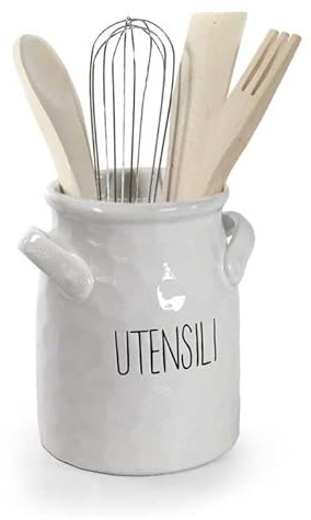 Gicos Portautensili da Cucina in Ceramica Bianca + Utensili 16 x 17,5 cm