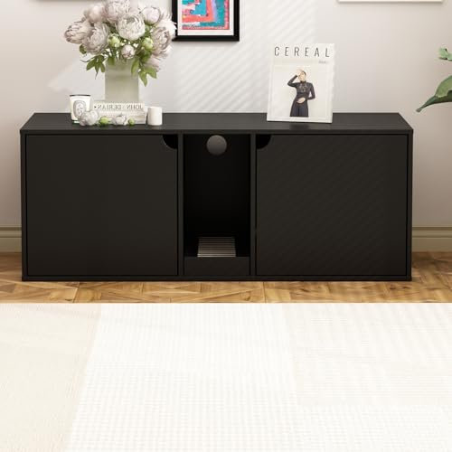 DEZAGCE Katzenschrank, Katzentoilette, Katzenklo Schrank, Katzenhaus mit Tür und Abfallbehälter, Sitzbank, Schwarz, MDF, 40 x 52 x 110 cm,
