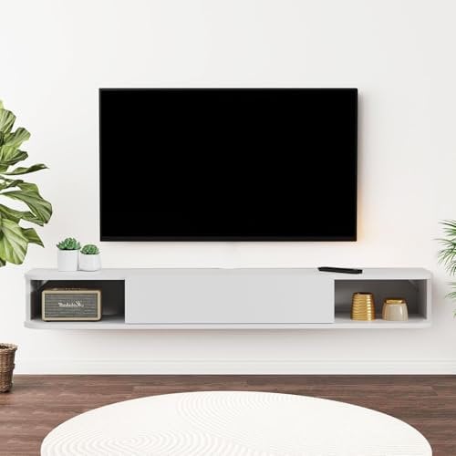Pmnianhua Floating TV Shelf, Wall Mounted TV Cabinet, Floating Shelves with Door, Modern Entertainment Media Console Center Large Storage Under TV (120cm, White)