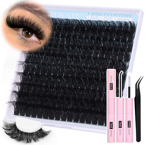 CORUSCATE Fluffy Cluster Lashes Kit - Long Individual Eyelashes 180D Thick Lashes 14-20mm Extension Kit - Dramatic Waterproof Bond and Seal Lash Glue With Tweezers