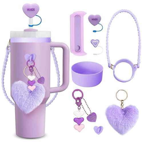 XPHZZL Stanley Cup Accessories Set, 8PCS Decor, Includes Splash Cover, Coaster, Straw Cover, Water Bottle Handle Strap, Charms for 40oz and 30oz Tumbler - Purple