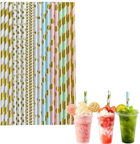 100Pcs Paper Straws for Craft,8 Inch 6mm Bore Biodegradable Disposable Straw,Metallic Foil Paper Drinking Straws Coffee Juice Cocktail Straws for Birthday Wedding Baby Shower Party and DIY Decorations